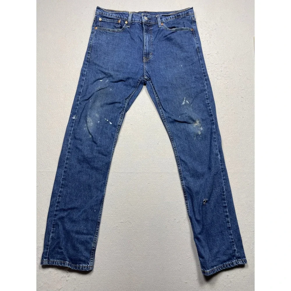 Levis 513 Slim Straight Jeans Mens 34x32 Blue Denim Distressed Paint Splatter